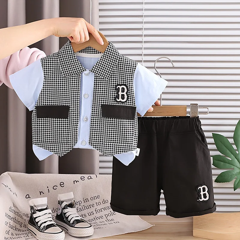 Baby Boy 2PCS Casual Outfit Houndstooth Vest Style Short Sleeve Shirt & Black Shorts Set for Kids Daily Party Birthday