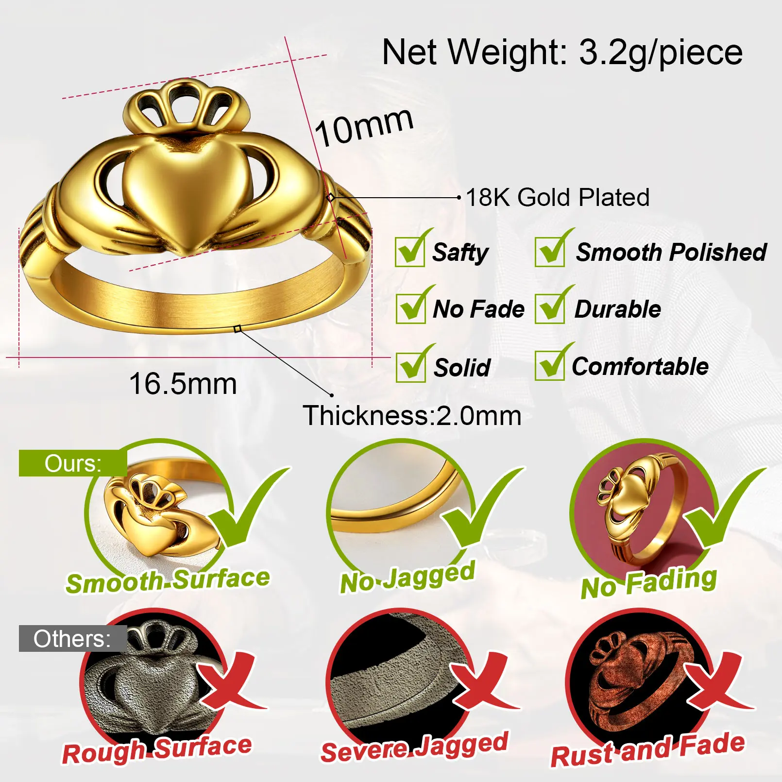 ChainsPro Claddagh Rings for Love Retro-style Stainless Steel 14K Gold Plated Crown Heart Hand Women Wedding Anniversary Ring
