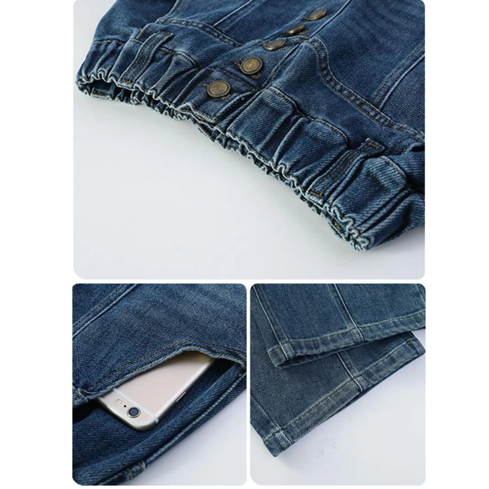 Retro Deep Blue Stone Washed High-Waisted Teenager Girl's Jeans Front Button Wide Leg Casual Streetwear 4-15 Years