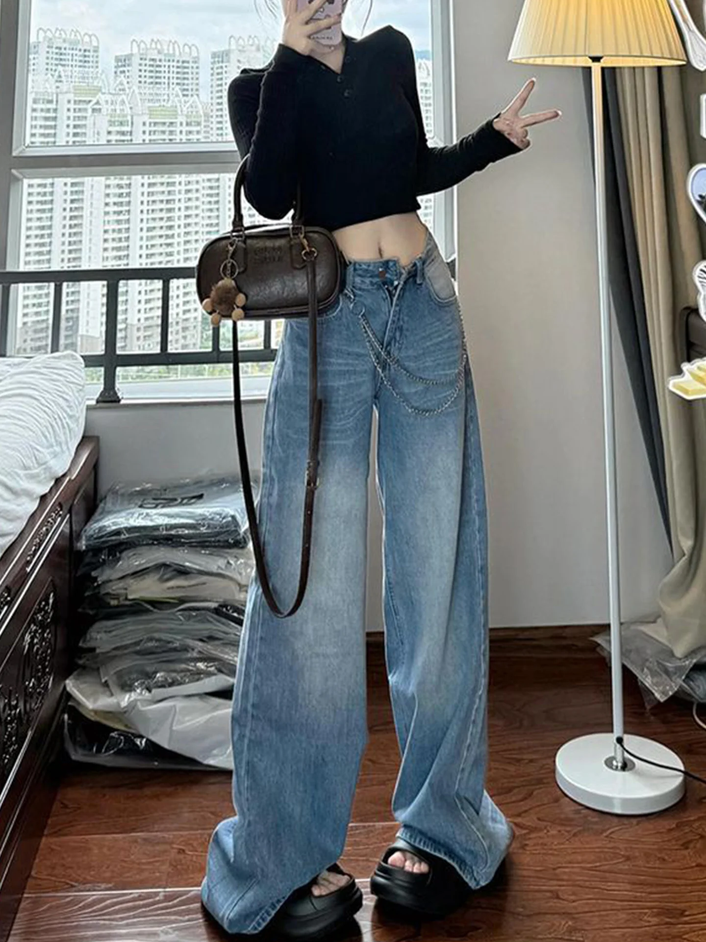 

Retro High Waist Wide Leg Jeans Women's American Design Sensation Loose Slimming Drapey Straight Floor-Length Pants