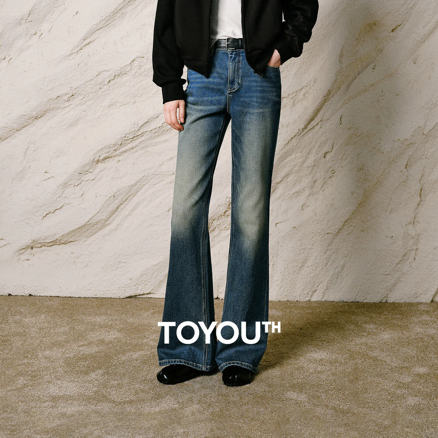 TOYOUTH Women Jeans 2026 Winter New Black Label Lycra Mid Low Rise Retro Monkey Wash Flared Pants