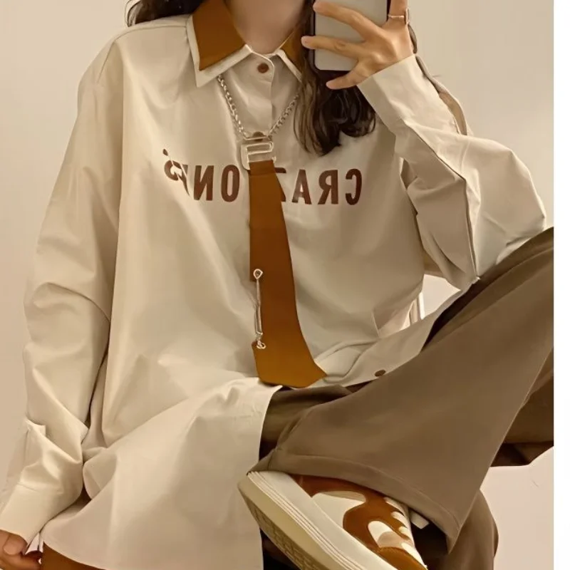 

EBAIHUI Color Blocked Lapel Tie Women's Long Sleeved Shirt American Vintage College Style Ladies Blouse Autumn Loose Casual Top