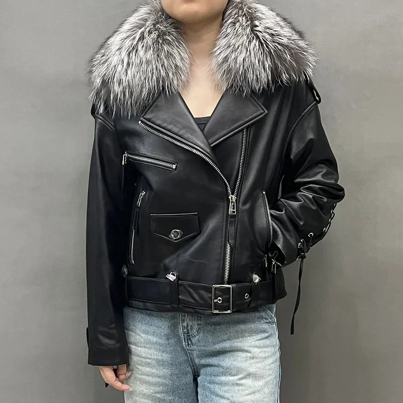 Lady Fashion Motorcycle Leather Jacket Detachable Silver Fox Fur Collar Genuine Sheep Leather Coat Women Y2K