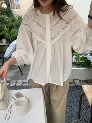 Spring White Gentle Shirts Puff Sleeve Women Hollow Out Chic All Match Fashion New Office Sweet Girls Muje Ladies Tops