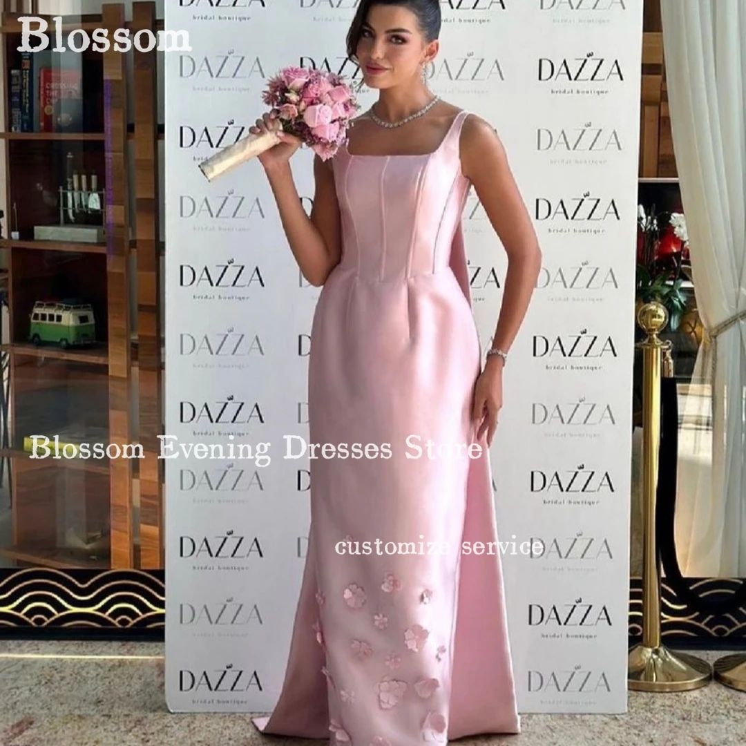 Square Neck Pink Satin Prom Dresses Sleeveless Long Tail With Appliques Evening Dresses 2024 Wedding Party Gown Vestidos De