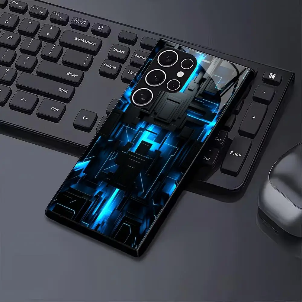 Blue circuit mechanical texture glass phone case suitable for Samsung Galaxy S26 S25 S24 S23 S22 S21 S20 FE/Ultra/Plus anti drop