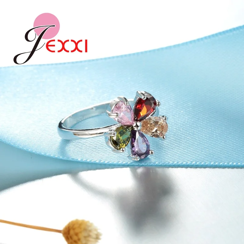 

Hot Sale 925 Sterling Silver Jewelry Rainbow Colorful Cubic Zircon Flower Charming Ring for Woman Female Nice Birthday Gift