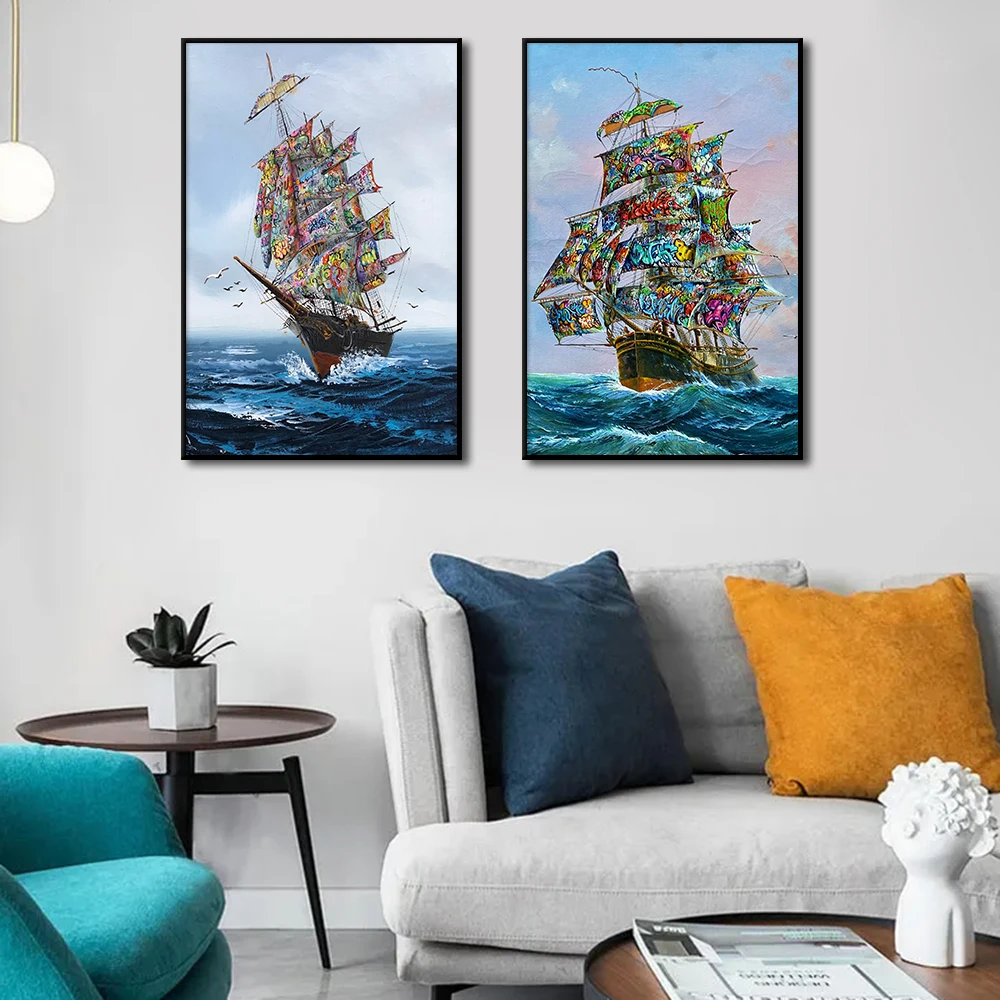 Graffiti Sail Boat Painting Print Canvas Poster Abstract Wall Art Ocean Sailboat Scenery Picture Living Room Home Decor Cuadros