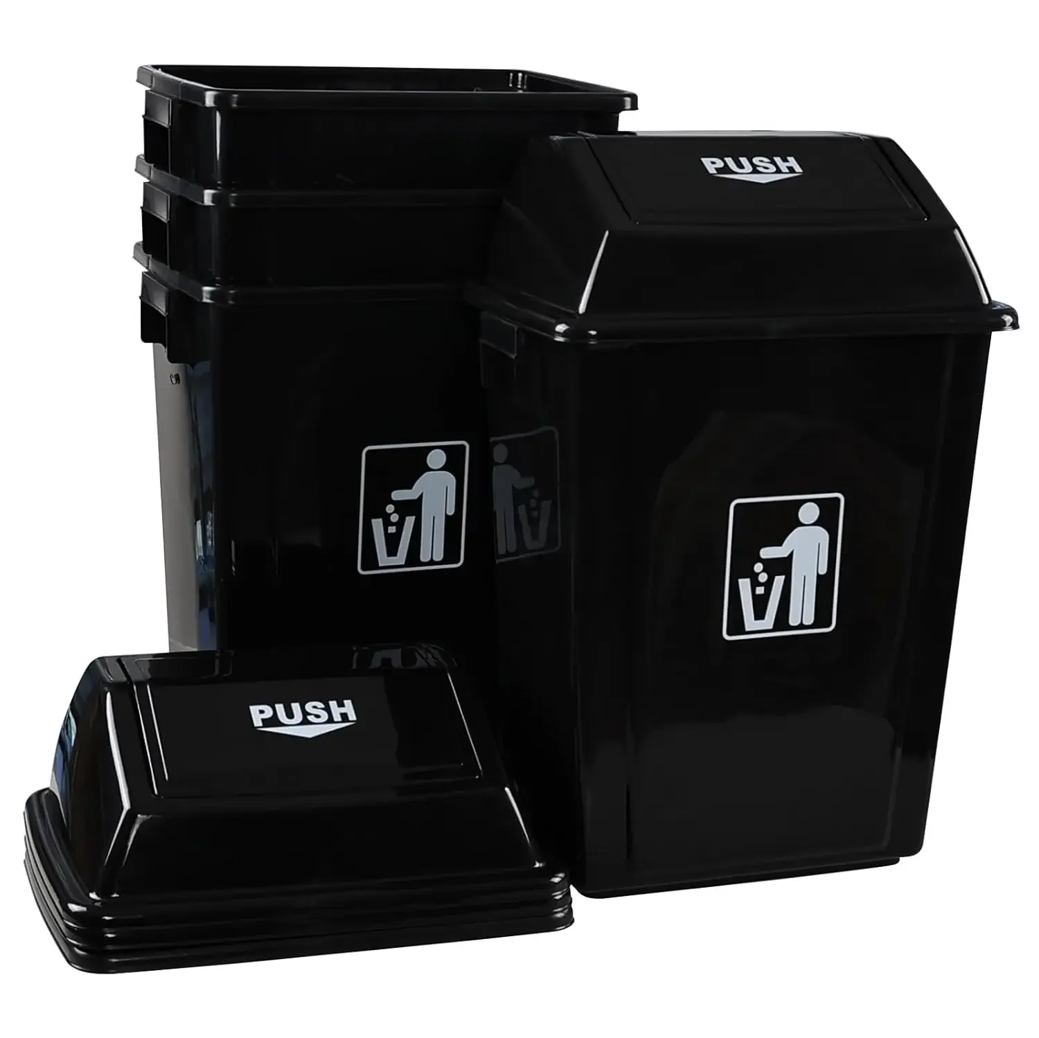 13 Gallon Plastic Trash Bin with Swing Lid, Black Large Garbage Can, 4 Pack