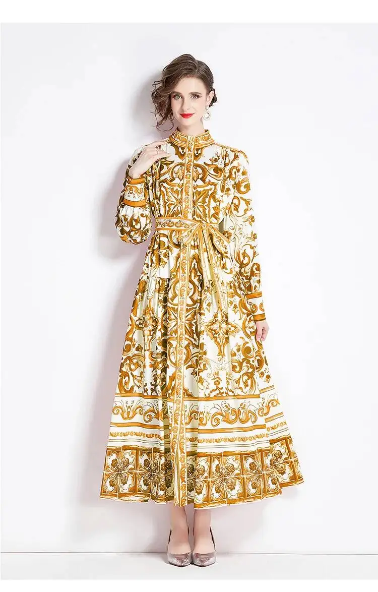 Robe longue en porcelaine à boutonnage simple pour femme, imprimé floral jaune, ceinture en dentelle