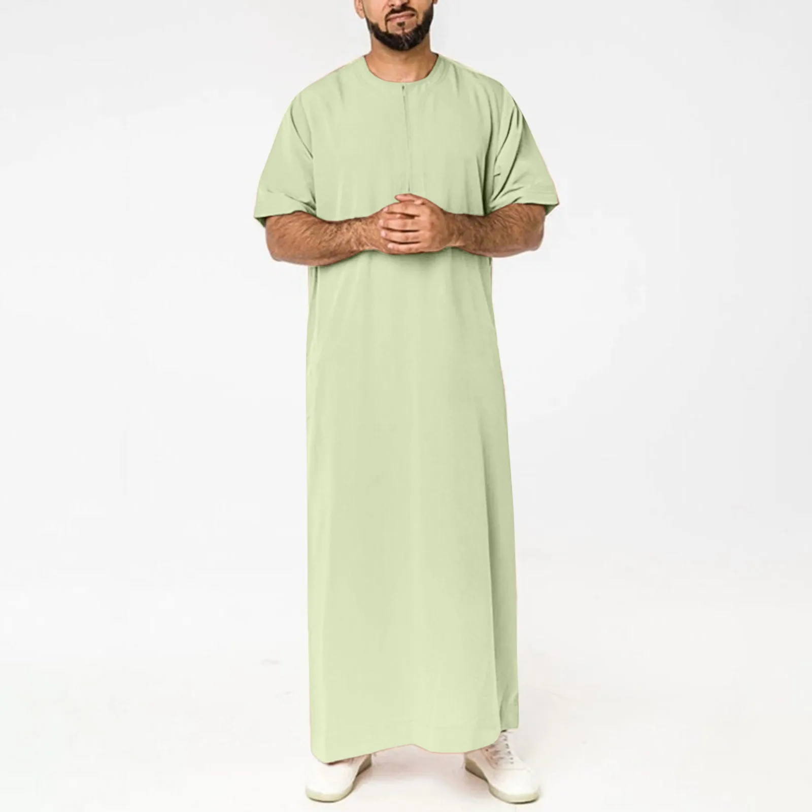 Thobe Jubba à manches courtes pour hommes, col rond, robe musulmane, Thobe Jubba, arabe, islamique, caftan, pakistanais, longues robes, fermeture éclair, solide