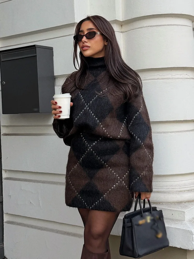 

HH Women's Elegant 2 Piece Set High Collar Long Sleeves Plaid Knitted Pullover+Fashion High Waist Mini Skirt Street Style Suit