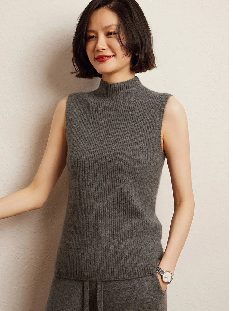 Women\'s Mock-neck Pullover Vest 100% Cashmere Sleeveless Sweater Basic Cashmere Knitwear Spring Autumn Winter New Slim Waistcoat