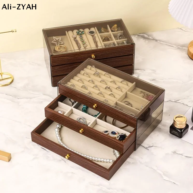 

Многослойная деревянная шкатулка для украшений с прозрачным окошком, органайзер для хранения колец, ожерелий, браслетов и серег