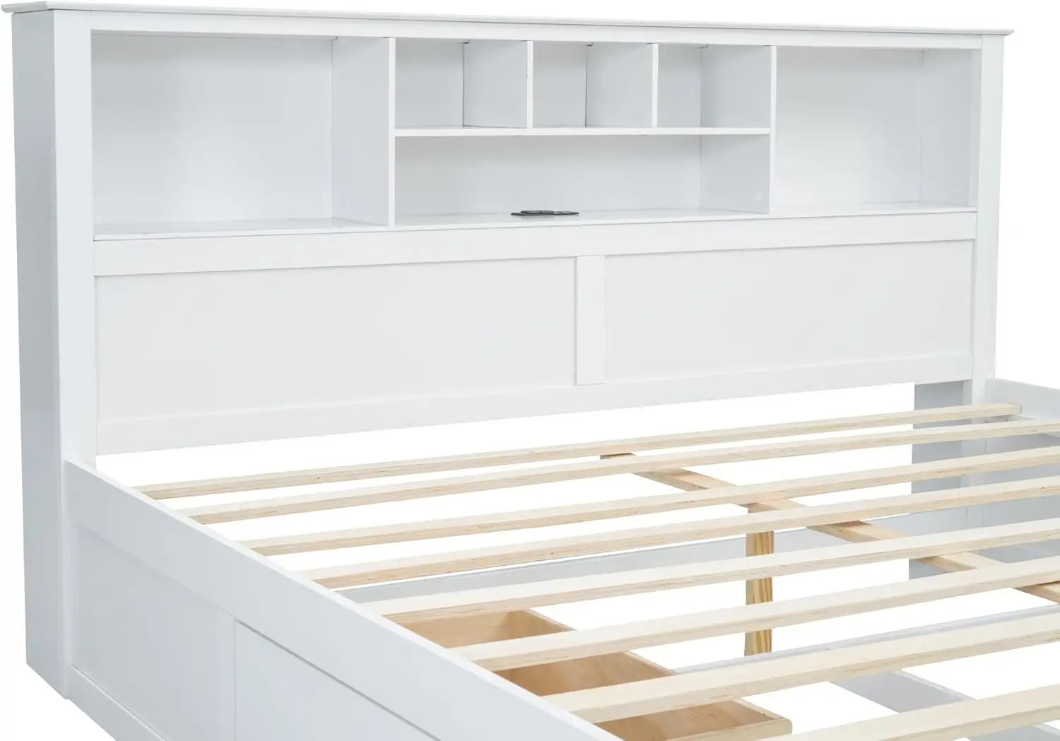 King Size Platform Bed with Bookcase Headboard and Storage Drawers, Wood King Storage Bed Frame with USB, White image 4
