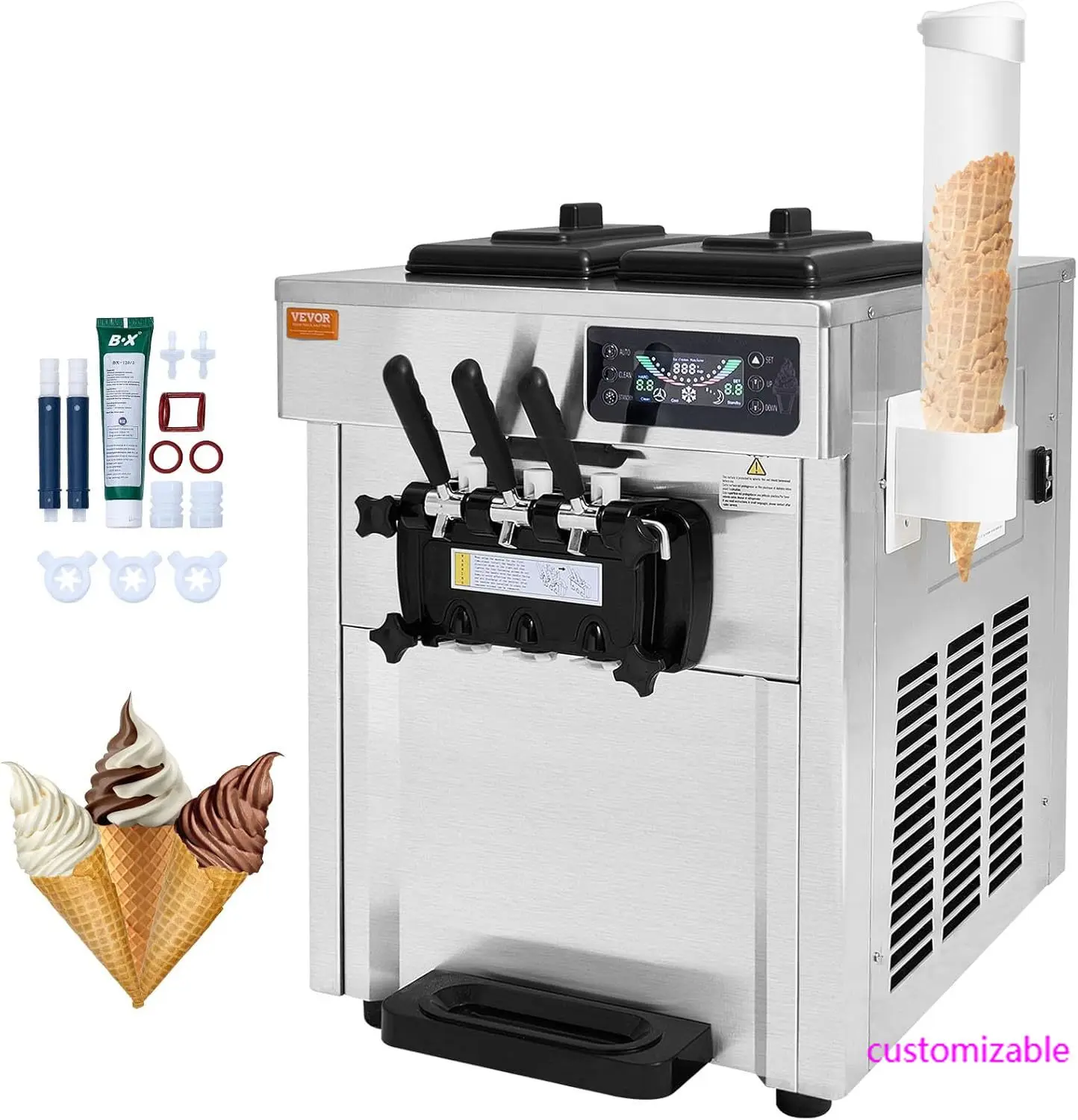 

Commercial Ice Cream Machine, 18-28 L/H Yield, 1850W 3-Flavor Countertop Soft Serve Ice Cream Maker