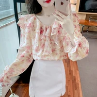 Green Flowers Soft Woman Top Chiffon Tunic 2025 Youthful Clothes Casual Youth Clothing Trend Elegant Shirts & Blouses for Women - Image 2