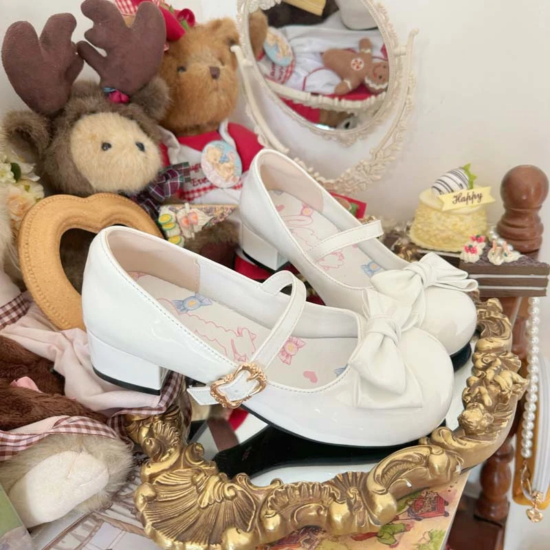 Soft Girl Round Head Cute Bow Lolita Mid Heel 3.5cm Loli Shoes Kawaii Sweet Girls Japanese Jk Style Women Shoes