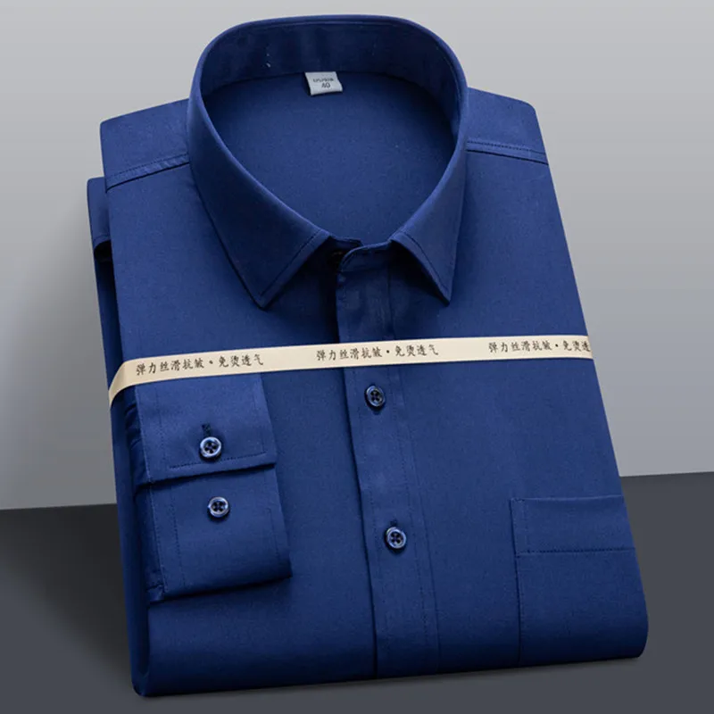 

Classic Shirts For Men Long Sleeve Business Causal Stretch Soft Solid Formal Anti-wrinkle Non-iron Navy Party Wedding Blouse 5XL