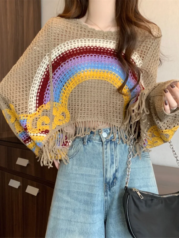 n Sle Women's Knitted Sweater oulder Wrap Hollow out Loose Fit Long Sve round Ne Pure Color Autumn Faion