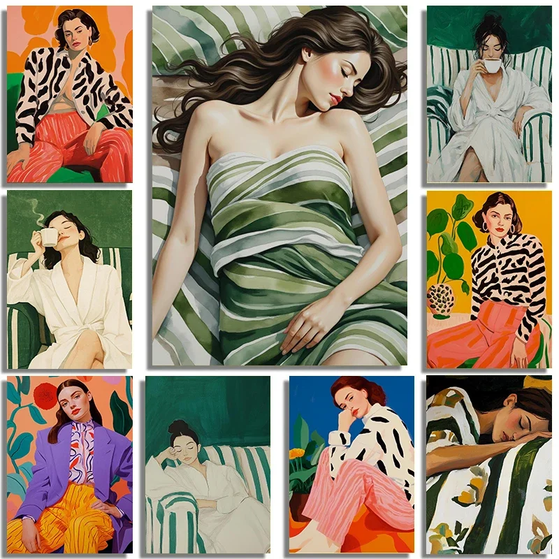 Abstract Color Fashion Women Lazy Leisure Sleep Art Poster Canvas Print Minimalism Printmaking Modern Portrait Home Wall Deco