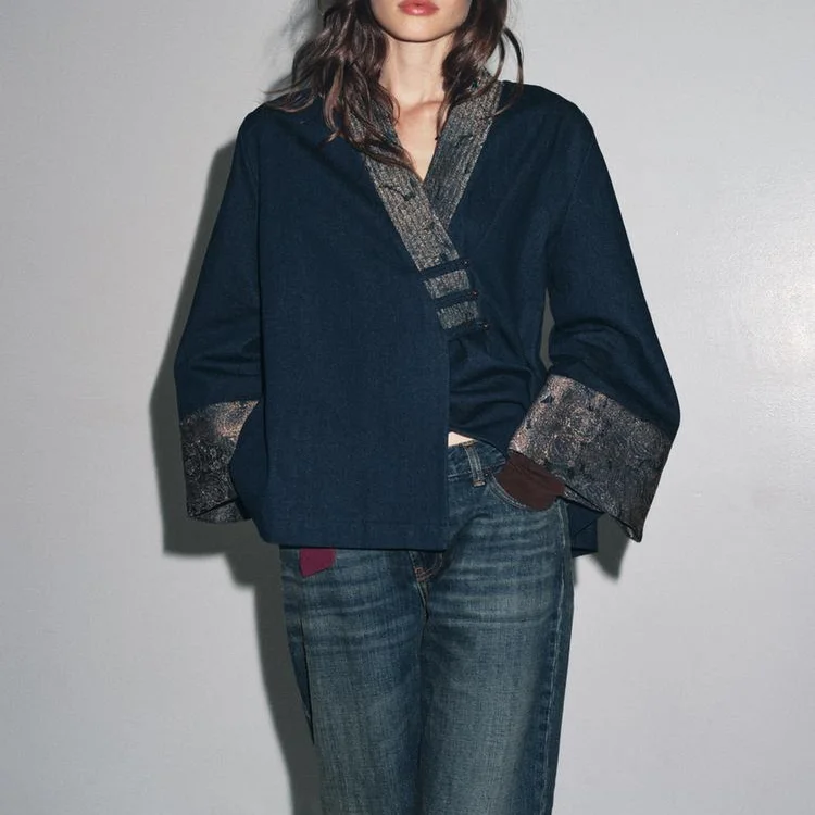 

Laid-ba Sle Kimono Coat Denim Effect Embroidery Slimming Design ZAAR Collection Women's Faion ort Outerwear