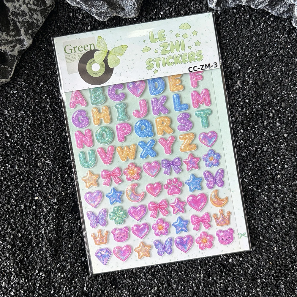 LEZHI 3D Puffy Stickers Sheet Y2K Aesthetic Alphabet Letters Butterfly Bow Heart Decals For Scrapbooking Journal Kis Gift