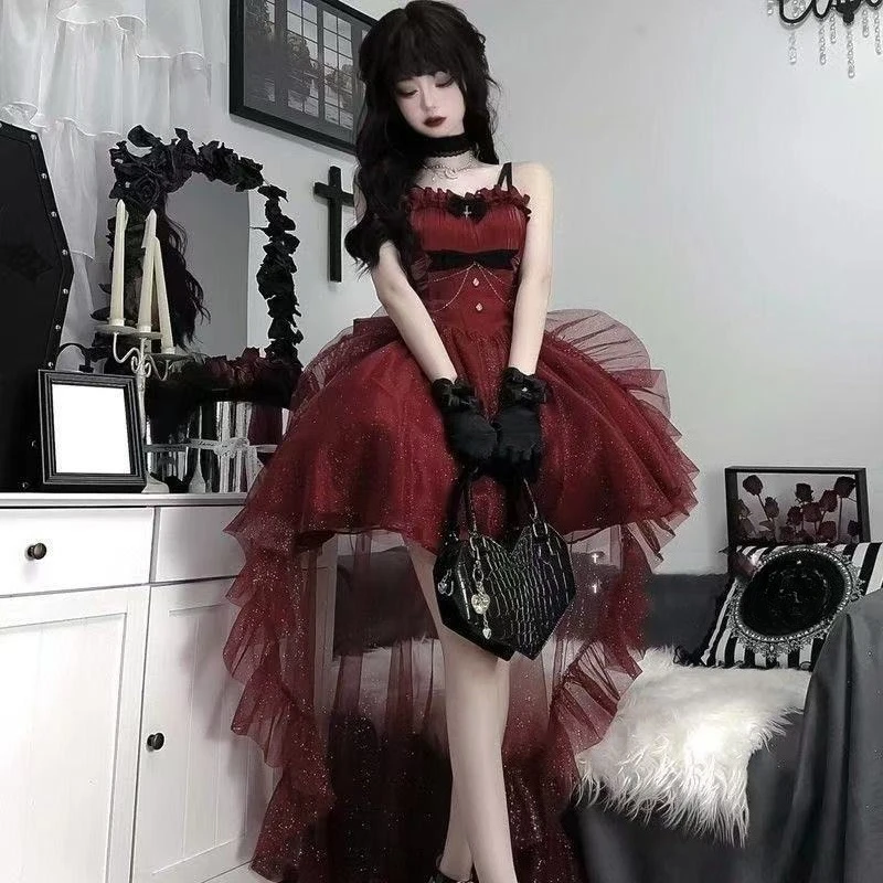 Sweet Lolita JSK Dress Women Lace Ruffle Tiered Skirt Butterfly Bow Decor Vintage Princess Tea Party Kawaii Gothic Dress