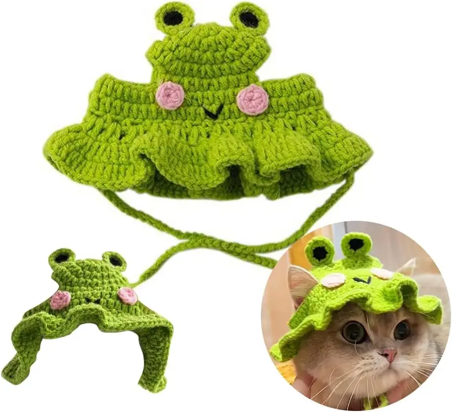 

Cat wool woven frog hat Small dog hand-crocheted funny cute decorative accessories headwear drag hat