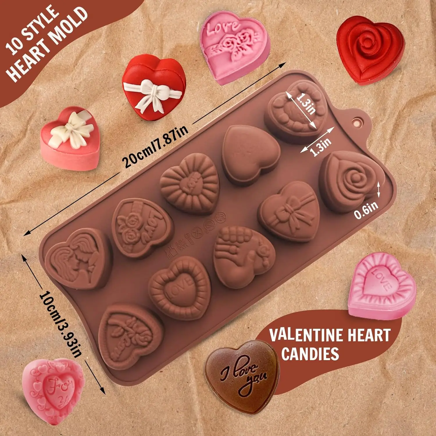 Heart Chocolate Molds 10-Design Love Rose Silicone Molds Non-Stick Baking Molds for DIY Chocolate, Candy, Gummy, Ice Cubes