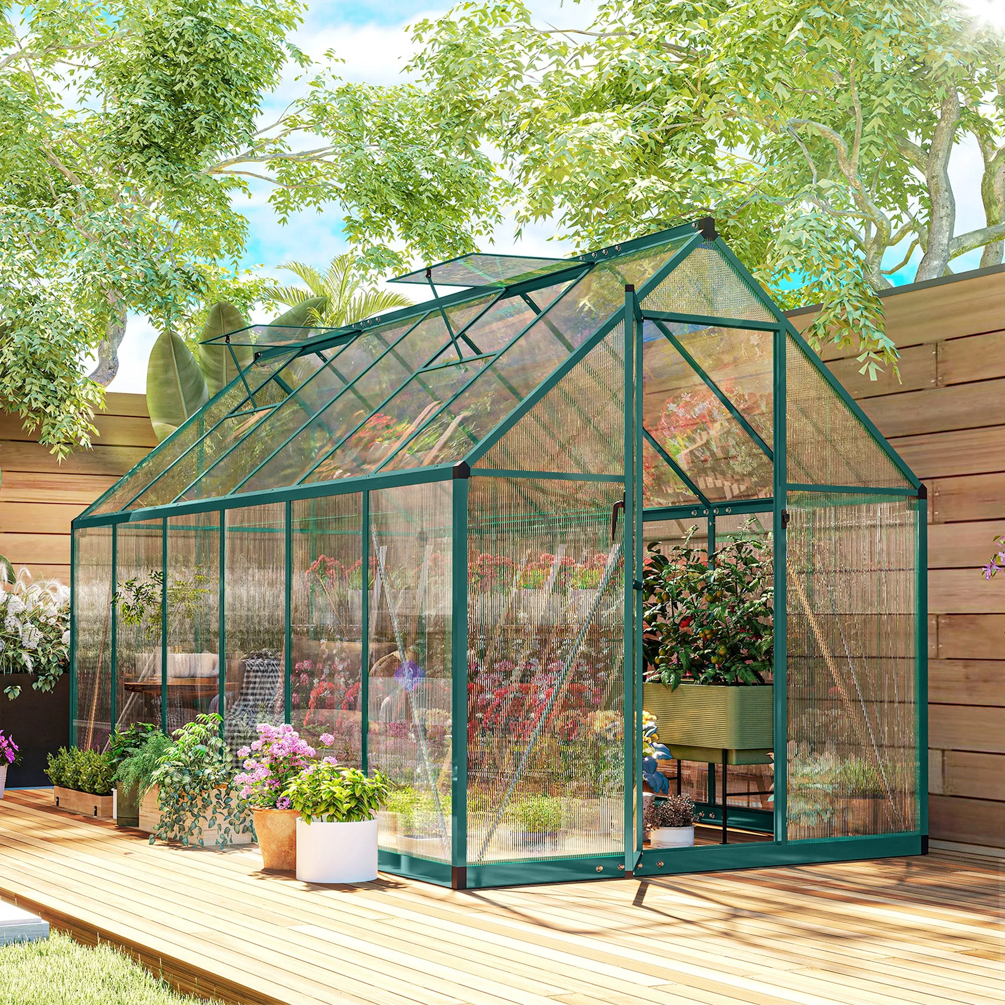 

Polycarbonate Greenhouse with Swing Door and Two Adjustable Roof Vents, Aluminum Walk-In Greenhouse, 11X6 Ft, Dark Green