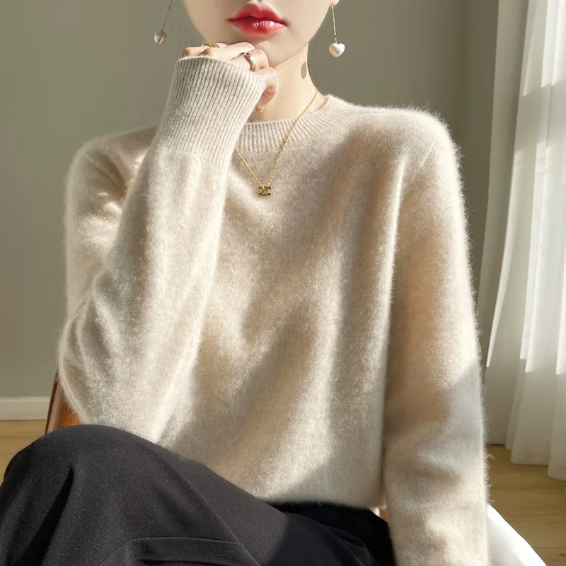 

2025 Autumn Winter Women Long Sleeve Knitwear O-Neck Pullover Merino Wool Sweater Solid Color Thick Warm Kniting Tops