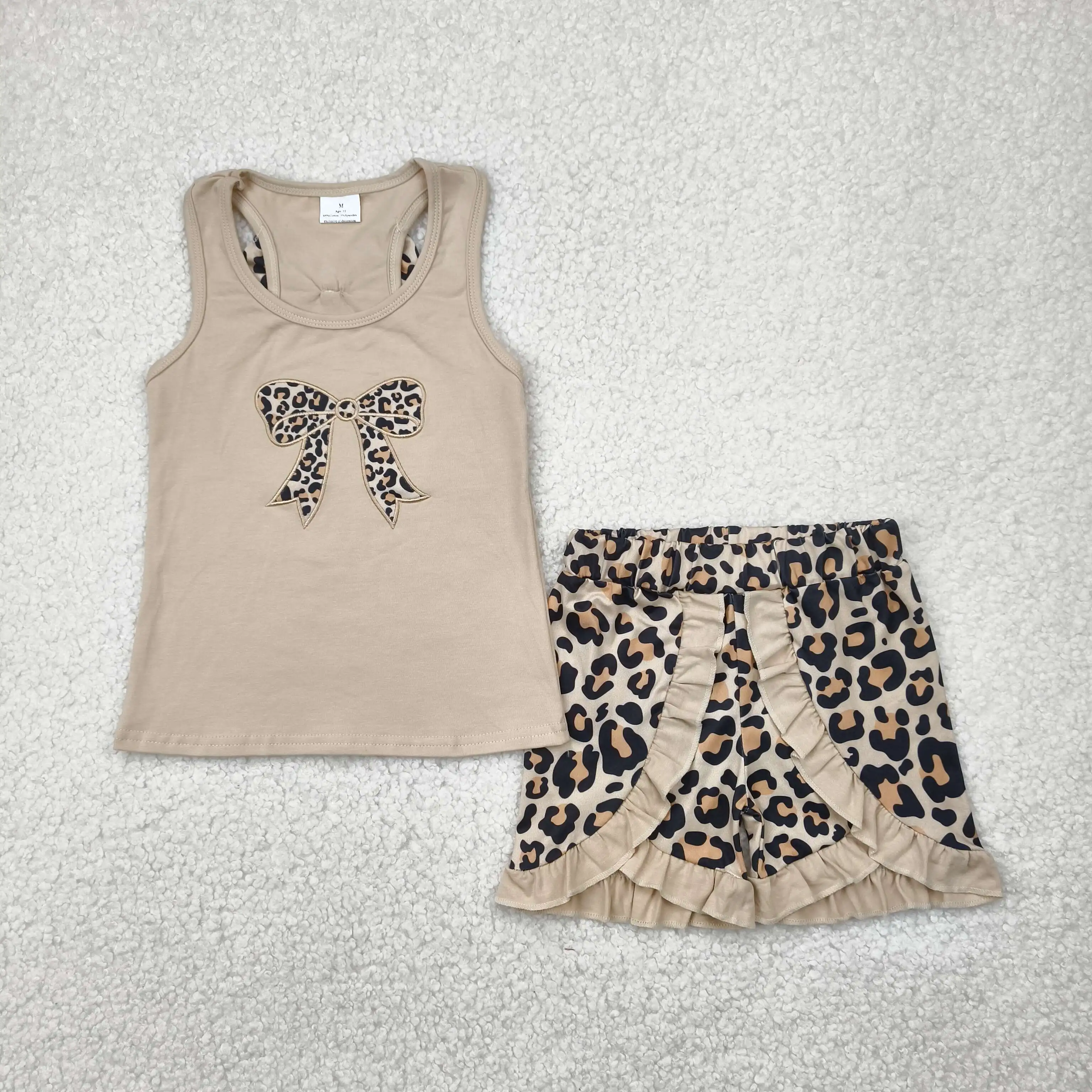

4.28 RTS Baby Girl Embroidery Cheetah Bow Design Outfit Wholesale Children Girls Spring Summer Clothes Kids Outfit