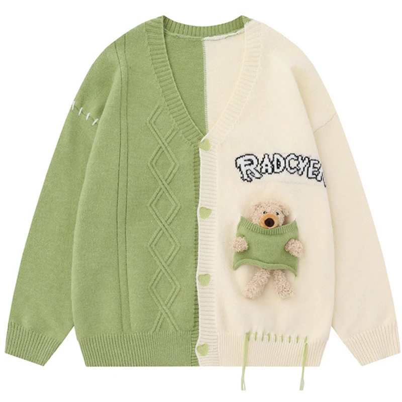 

Button Cardigan Sweaters Men Women Retro Loose Knitted Jumpers Autumn Streetwear Harajuku Street Color Block Pocket Bear Jacket