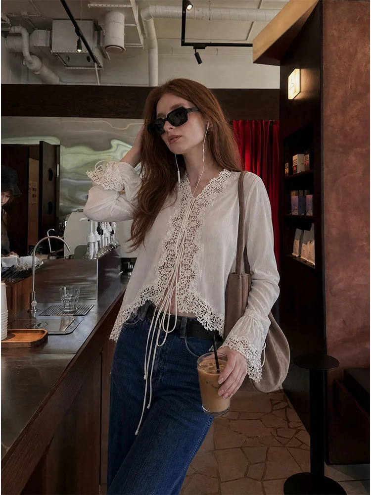 HH Women Summer Spring Old Money Delicate Off White Lace Trim Tie Front V Neck Flared Cuff Ruffled Hem Sheer Long Sleeve Top