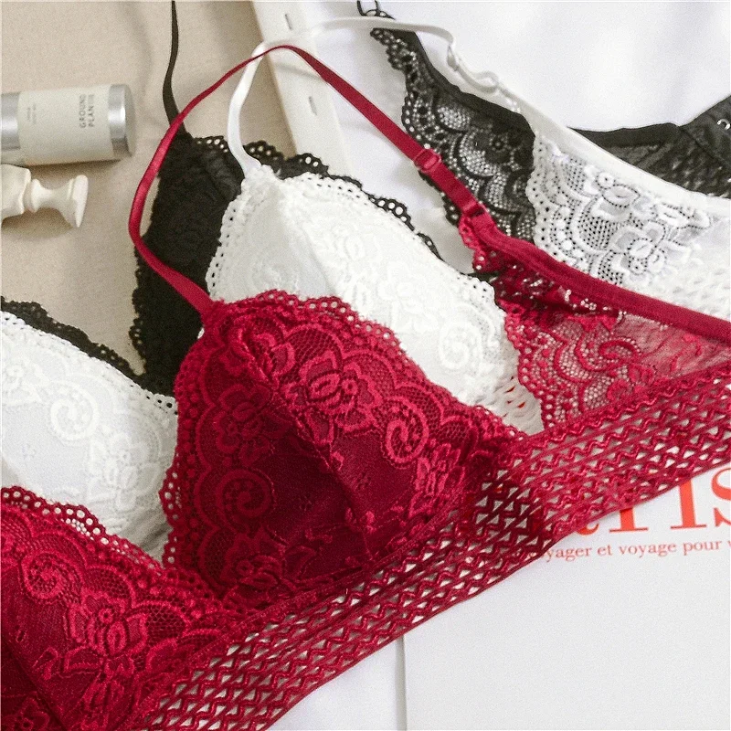 Embroidery Hollow Bra Lace Crop Top Triangle Cup Seamless Fitness Vintage Bra Underwear Breathable Push Up Bralette Bras Gifts images - 6