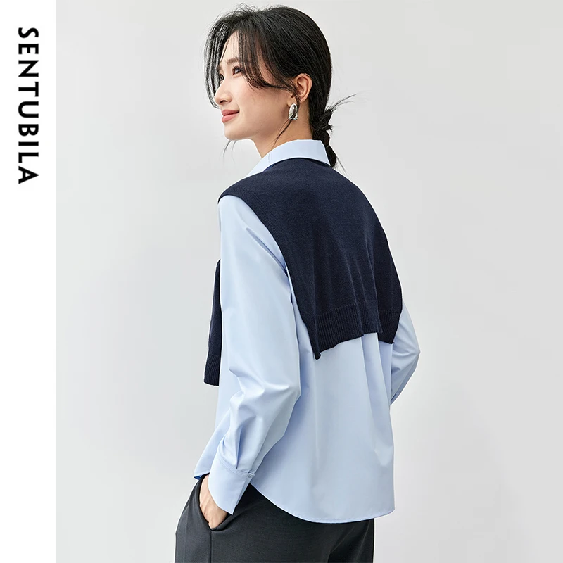 SENTUBILA Casual 2 Piece Sets Women Autumn Korean Style Turn Down Collar Striped Shirt Wool Knit Shawl Matching Sets 143C56803