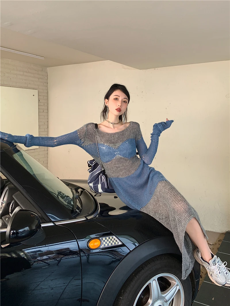 CHEERART Spring 2023 Mohair Long Knitted Dress Women See Through Bodycon Midi Sweater Dress Designer New In Knitwears