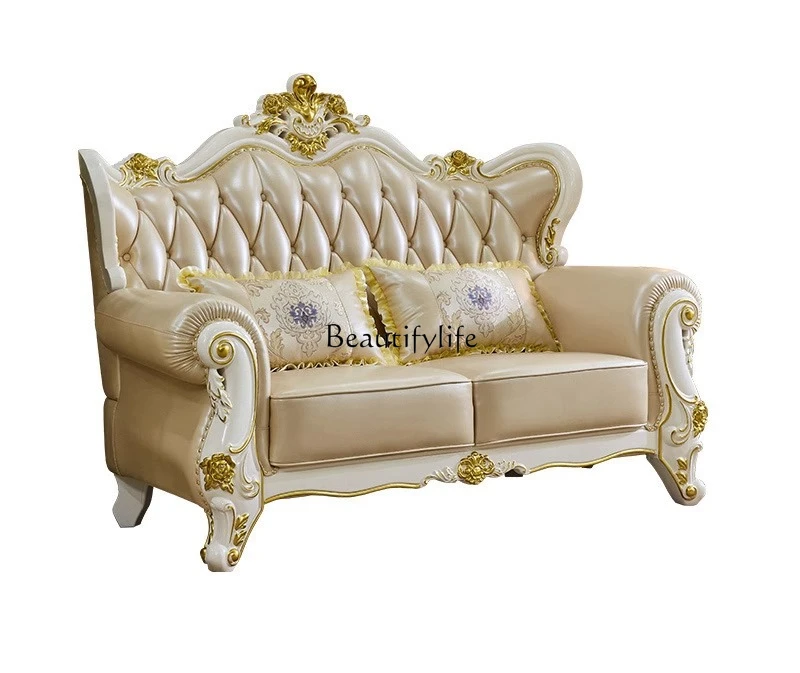 

European leather sofa first layer cowhide luxury carved living room