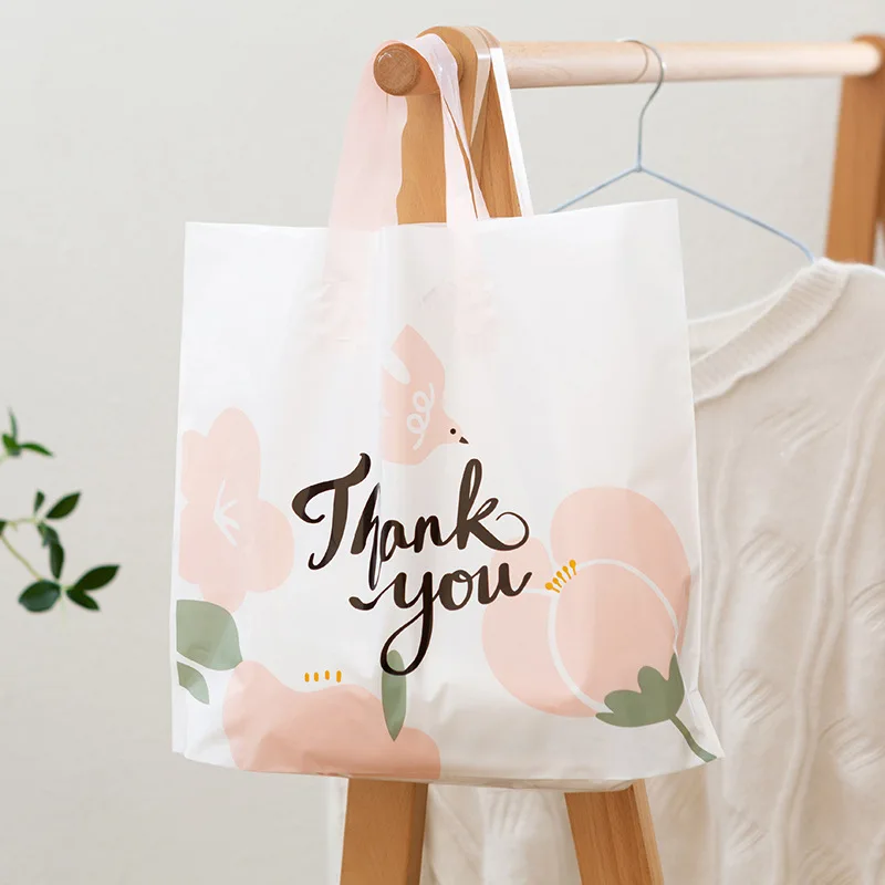 50pcs Plastic Bag With Handles Shopping Packaging Bag For Small Businesses Cartoon Flower Thank You Gift Bags