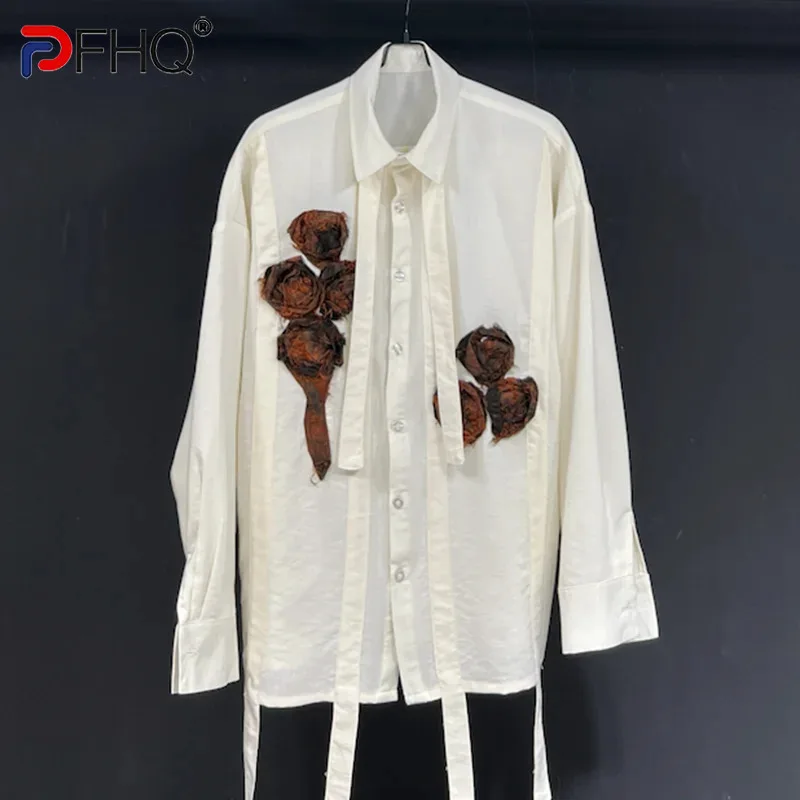 PFHQ Loose Summer Male Long Sleeves Shirts Lapel Handmade Flower Linen Ribbon Design Single Breasted Men\'s Cool Tops New 21Z4301