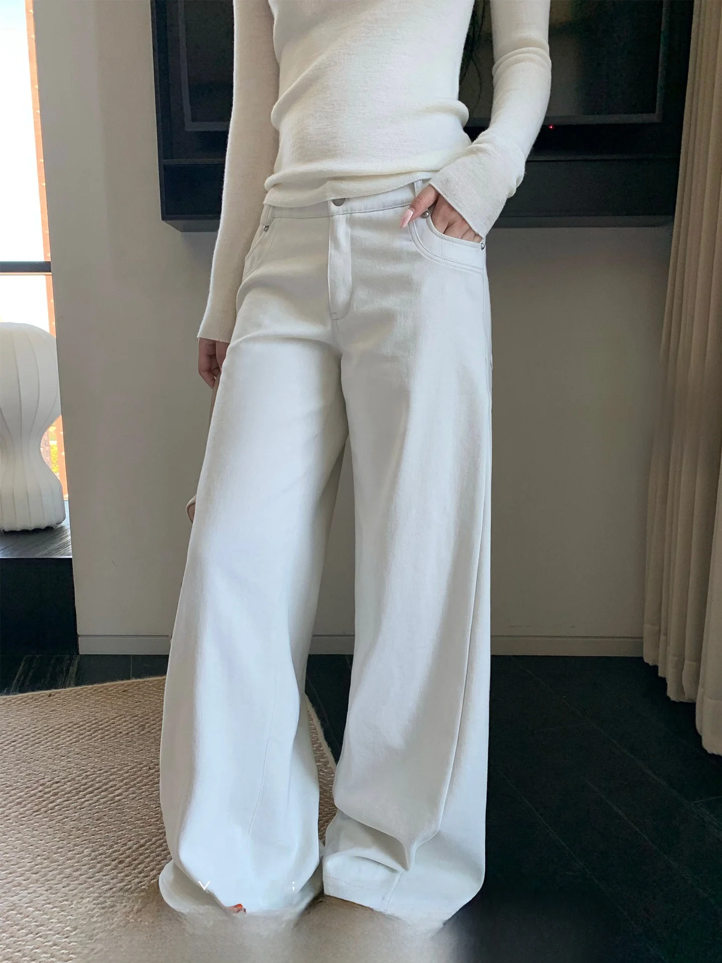 

Винтажные джинсы Xzichic из выцветшего белого денима с низкой посадкой, прямые, хлопковые, длинные, свободного кроя, для женщин, осень-весна