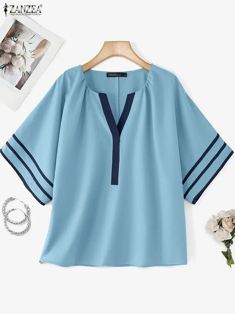 

ZANZEA 2025 модная женская блузка, повседневные полосатые лоскутные рубашки с рюшами, осенние свободные рубашки с рукавами 3/4, v-образным вырезом, Blusas, рабочая туника, топы