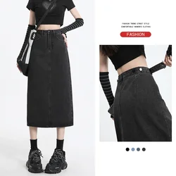 Adjustable Waist Women's Denim Skirt 95% Cotton Slit Design Fashion Korean Hip-covering Long A-line Skirt Black Retro Blue Gray