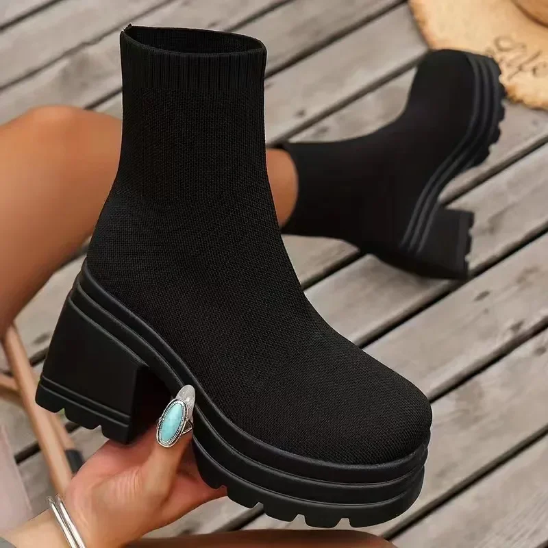 Women's Fall Casual Knit Platform Fashion Boots, Elastic Sock Boots, Fashionable High Heel Boots, Plus Size Boots, Short Boots