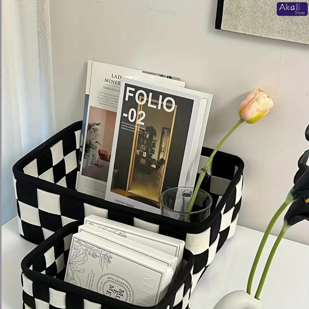 2026Black and White Checkered Storage Basket Desktop Cosmetics Storage Organizer Snack and Toy Storage Basket Home Decor view 6