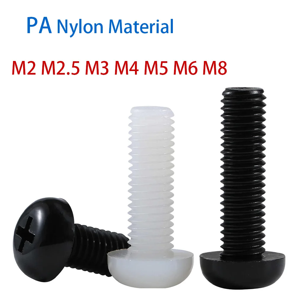 20–100 Stück Nylon-Kreuzschlitz-Halbrundkopfschraube M2 M2,5 M3 M4 M5 M6 M8 schwarz/weiße Kunststoffschrauben und Bolzen Länge 4–60 mm ﻿