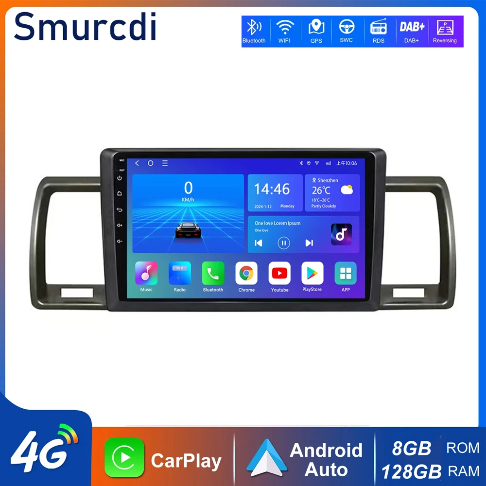 Android 15 Carplay Car Radio For Toyota Hiace 2004 - 2019 Multimedia Video Player Navigation GPS Stereo 2 Din Head Unit 4G+WiFi