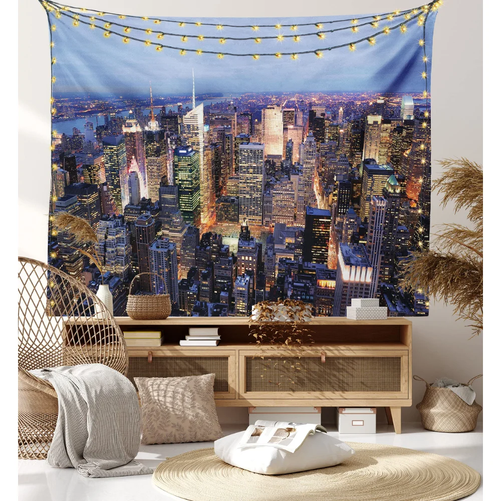 New York Tapestry Modern Night City Scenery Wall Hanging Skyscrapers Buildings Tapestries Bedroom Living Room Decor Wall Blanket