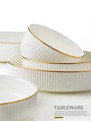 Ceramic Gold Plated Edge Plate Tableware Set White Porcelain Dinner Plates Household Kitchen Rice Bowl Salad Dish Steak Tray